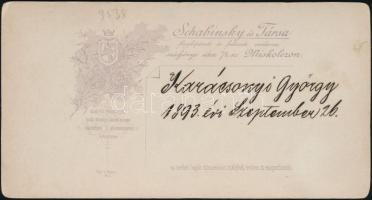 1893 Karácsonyi György portréja Schabinszky és Társa miskolci műterméből, keményhátú fotó, 16×8 cm