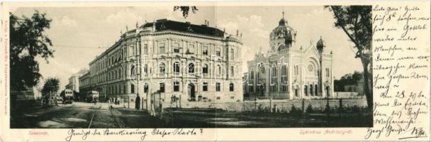 1901 Temesvár, Timisoara; Gyárváros, Andrássy út, villamosok, zsinagóga. Polatsek-féle kiadása, kihajtható panorámalap / Fabrica, street, synagogue, trams. Folding panoramacard