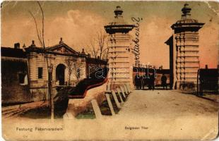 1909 Pétervárad, Peterwardein, Petrovaradin (Újvidék, Novi Sad); Festung Petervaradein, Belgrader Thor / Pétervárad vára, belgrádi kapu katonákkal / castle, gate, K.u.K. soldiers (EM)