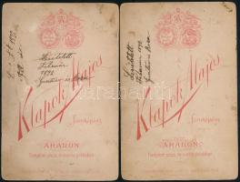 cca 1890 2 db aradi fotó népviseletbe öltözött párról, Klapok Alajos műterméből, 16,5×10,5 cm