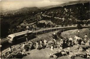 Pécs, kilátás a Mecsek SZOT üdülőszálló teraszáról, autóbusz. Képzőművészeti Alap Kiadóvállalat (apró lyukak / tiny pinholes)