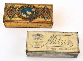 cca 1900-1910 2 db fém szivarkás doboz (Ibis, Nilus), kopottas, horpadt állapotban, ca. 4,5x7x16,5 cm