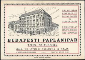 Budapesti Paplanipar Tehel és Tuschák Budapest VIII. Gyula Pál utca reklámkártya, hajtott