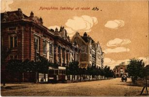 1917 Nyíregyháza, Széchenyi út, villamos, Osztrák-magyar bank, Takarékpénztár palota. Kiss Vilma kiadása