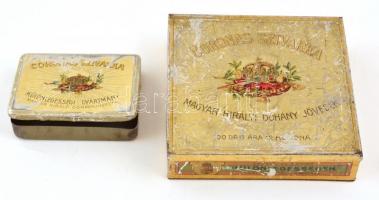 cca 1900-1910 2 db Coronas Szivarka fém szivarkás doboz, kopott állapotban, 2x7,5x10 és 3,5x14x14,5 cm