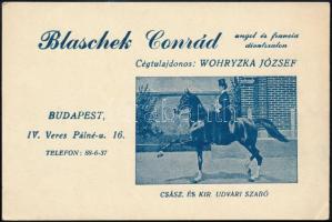 Blaschek Conrád angol és francia (Budapest IV. Veres Pálné 16.) divatszalon reklámkártyája