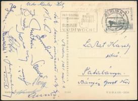 1961 Labdarúgó válogatott aláírása hazaküldött képeslapon (Mátrai, Grosics, Tichy, stb.)
