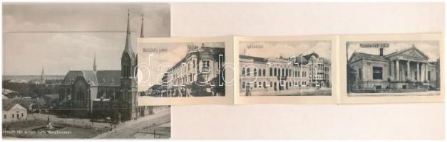 Békéscsaba, Kossuth tér, Római katolikus templom. leporellólap, belül: Posta, Nádor szálloda, Koczis...