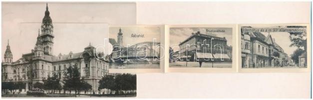 1929 Győr, Városháza. leporellólap, belül: vasútállomás, Püspökvár, Fehérhajó szálloda, Royal szállo...