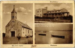 1942 Agárd (Gárdony), Római katolikus templom, Strand étterem, Velencei-tó, naplemente, csónakok. Csajka Bazár kiadása (EK)