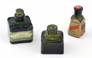 3 db klf. régi tintatartó üveg (Sárkány Gyöngy-tus, Albertfalva; Járitz Nándor, Bp.; Müller Rt.), részben tartalommal