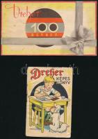 cca 1939 össz. 2 db Dreher édesség és csokoládé reklám: 1 db képeskönyv, színes illusztrációkkal, versikékkel, szakadásokkal, ragasztott, 11,5x7,5 cm. 1 db Dreher 100 bonbon kihajtható prospektus színes illusztrációkkal, Draskovics János cégnek, Hódmezővásárhelyre küldve 1939-ben, ceruzás beírásokkal és aláhúzásokkal, foltos ca. 9 x16 cm
