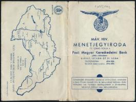 cca 1942-44 IBUSZ MÁV. hiv. menetjegyiroda négyoldalas tartó tasak papírból, hátoldalán Magyarország térképpel a visszatért területekkel, Bp., Posner, szakadással