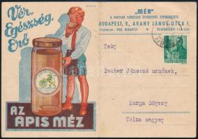 1943 Apis Méz reklámlap, Becher Jánosnénak, Murga, Tolna megyébe küldve, hajtásnyommal