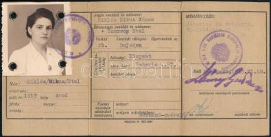 1943 Bp., A Magyar Textilipar Rt. Budapest X. által kiállított fényképes személyazonossági igazolvány