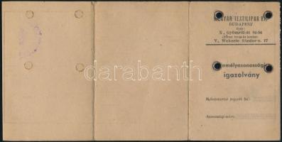 1943 Bp., A Magyar Textilipar Rt. Budapest X. által kiállított fényképes személyazonossági igazolván...