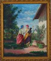 Deák István jelzéssel: Falusi asszonyok. Olaj, vászon, fa keretben, 60x50