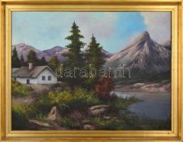 Gábris jelzéssel: Hegyvidéki táj tóval. Olaj, vászon, fa keretben, 60x80