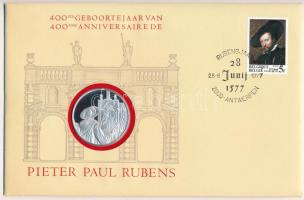 Belgium 1977. Peter Paul Rubens a Postamesterek gondozásában kiadott Ag emlékérem (20g) érmés, bélyeges borítékon, Belgium bélyeggel, elsőnapi bélyegzővel, dán nyelvű ismertetővel, műbőr tokban T:PP  Belgium 1977. Peter Paul Rubens Ag medallion (20g) / International Society of Postmasters - Medallic First Day Cover with Danish information, in faux leather case C:PP