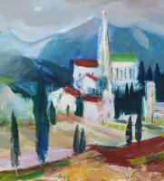 MCP jelzéssel: Táj lovasokkal. Olaj, farost, keretben, 40x60