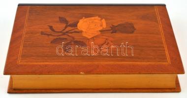 Rózsamintával díszített intarziás titkos doboz, 27×17×4,5 cm