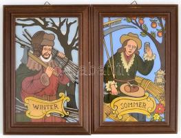 Tél, nyár két darab festett üvegkép fa keretben. 21x16 cm