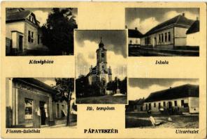 1949 Pápateszér, Községháza, Római katolikus templom, Iskola, utca, Flamm Sándor üzlete és saját kiadása (EK)