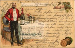 1900 Champagner Henriot & Cio, Hoflieferanten Reims. Gruss aus... Prosit / French champagne advertisement. Stengel & Co. Art Nouveau, llitho