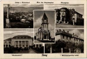 Dorog, látkép a Kálváriával, Római katolikus bányatemplom, Községháza, Munkásotthon, Bányaigazgatósági épület