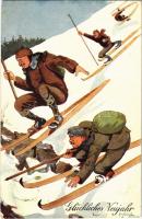 1906 Glückliches Neujahr! Wintersport / skiing, winter sport. B.K.W.I. 2666-1. s: Fritz Schönpflug (EK)