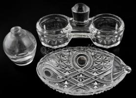 3 db üveg tárgy: sótartó 15x8 cm, kis váza 5 cm, kis tálka 12x3 cm