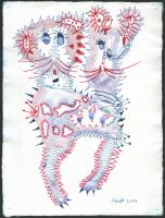 Szeift Béla (1944-2012): A híres kétfejű. Akvarell, filctoll, merített papír, jelzett, datált (2004), hátoldalán is autográf felirattal, 32,5x24 cm