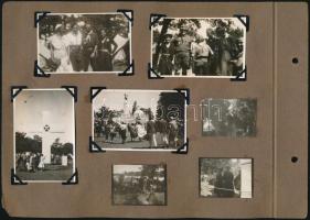 cca 1930 Vegyes fotó tétel, 14 db, kétoldalas albumlapon, rajta cserkész és jamboree-s fényképekkel és más fényképekkel is, 8x5 cm és 3x4 cm közötti méretben.