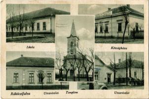 1951 Rákóczifalva, Iskola, Római katolikus templom, Községháza, utca részlet, automobil, üzlet (EK)