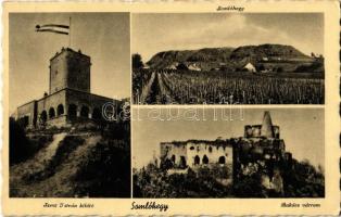 1941 Somlóvásárhely, Somlóhegy, Somló-hegy, Szent István kilátó magyar zászlóval, Bakács várrom