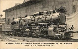 A Magyar Királyi Államvasutak 601. sorszámú legújabb Mallet-rendszerű mozdonya. Építette a MÁV gépgyára Budapesten 1914-ben. A Gőzmozdony felvétele és kiadása / Hungarian State Railways locomotive