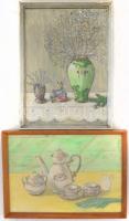Két asztali csendéletet ábrázoló akvarell. egyik jelzett. 40x30 cm Üvegezett keretben.