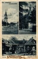 1935 Okány, Református templom, Községháza, utca részlet, Szlávy-Schwarcz kastély. Özv. Kozma Károlyné kiadása (fl)