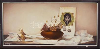 Somogyi-Soma László (1927-2004): Ikon és bogáncs. Olaj, farost, jelzett, datált (85) keretben, 45×10...