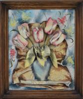 Jelzés nélkül: Virágcsokor. Bőrplasztika. Kis sérülésekkel 55x45 cm Keretben