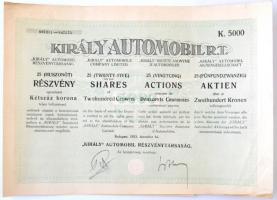 Budapest 1923. Király Automobil Részvénytársaság huszonöt részvénye egyben, egyenként 200K-ról, összesen 5000K-ról, szelvényekkel, szárazpecséttel T:I- szakadás