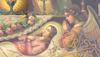 cca 1900-1930 Szent Erzsébet. Litográfia, hímzett applikációk, papír, hátoldalán kopott, nehezen olv...