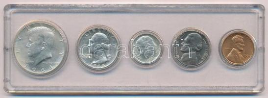 Amerikai Egyesült Államok 1964. 1c-1/2$ (5xklf) forgalmi sor lezárt plasztiktokban T:1,2 USA 1964. 1 Cent - 1/2 Dollar (5xdiff) coin set in plastic case C:UNC,XF