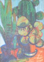 Olvashatatlan jelzéssel: Virágcsendélet kaktusszal. Kréta, papír, üvegezett keretben 40x28,5 cm