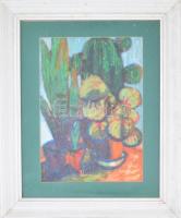 Olvashatatlan jelzéssel: Virágcsendélet kaktusszal. Kréta, papír, üvegezett keretben 40x28,5 cm