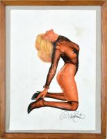 Olvashatatlan jelzéssel: Erotikus női portré. Ceruza, papír, kartonra kasírozva, fa keretben, 29,5x21 cm