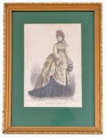1872-73 Divatlap illusztráció, Paris Hiver, kézzel színezett litográfia, papír, hajtásnyommal, enyhé...