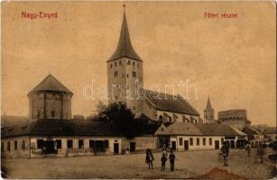 1910 Nagyenyed, Aiud; Fő tér, üzletek. W.L. (?) No.468. / main square, shops (EK)