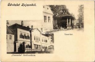 Zajzon, Zizin; Concordia fürdő szálloda, Vasas kút / spa hotel, mineral water well (EK)