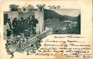 1899 Máramarossziget, Sighetu Marmatiei; Makerlói vízfogó, tutajos oroszok / Macarlau dam, Russian rafters, floral Art Nouveau (Rb)